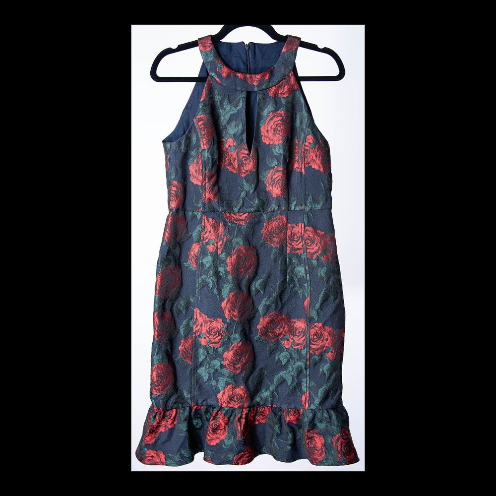Nanette Lapore Dark Blue Red Rose Sleeveless Ruffled A-Line Dress Size 6 NWT